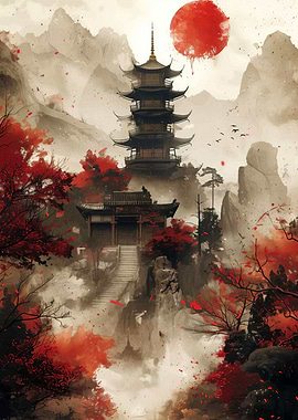 Pagoda in a Misty Mountain Landscape