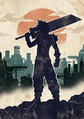 Cloud Strife Silhouette with Cityscape