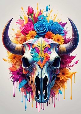 Colorful Bull Skull with Flowers