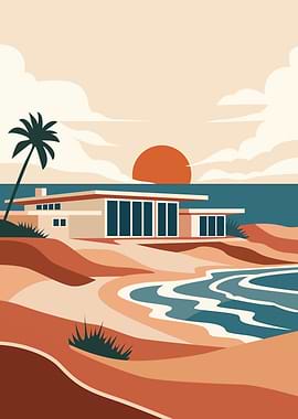 Mid-century modern beach house at sunset