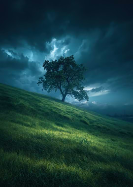 Lone Tree on Stormy Hill