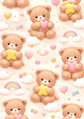 Cute Teddy Bears with Hearts and Stars