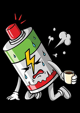 Tired Battery Character with Coffee