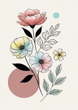 Watercolor Floral Illustration with Geometric Shapes