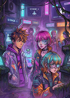 Cyberpunk Arcade Scene with Anime Characters