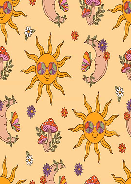 Retro Sun, Moon, and Mushroom Pattern