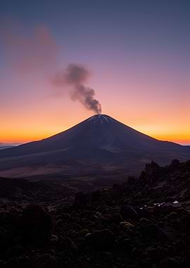 Volcano erupting at sunset