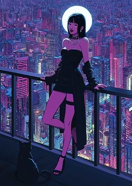 Cyberpunk Woman on Balcony with Cityscape