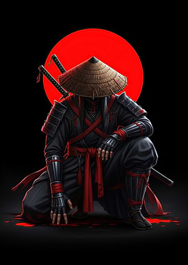 Ninja Crouching with Swords and Red Sun