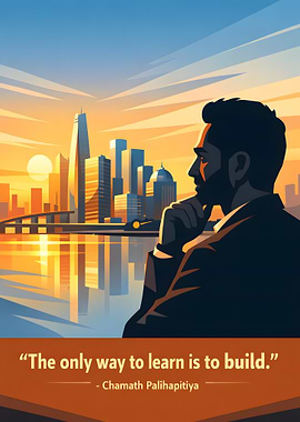 Man contemplating city skyline at sunset