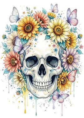Skull with Sunflowers and Butterflies
