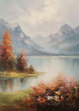 Autumn Mountain Lake Landscape Painting