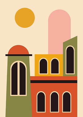 Abstract Geometric Cityscape with Sun