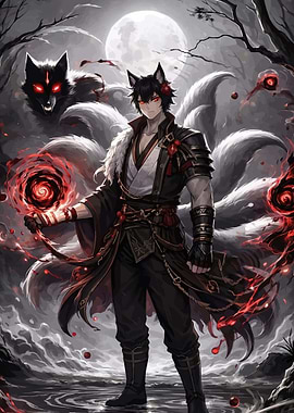 Mysterious Kitsune Warrior with Nine Tails