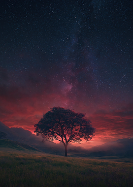 Lone Tree Under Starry Sky