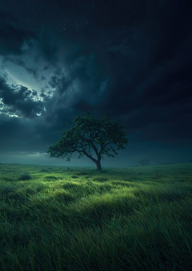 Solitary Tree Under Stormy Night Sky
