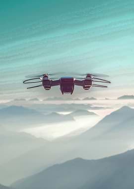 Drone flying over misty mountains
