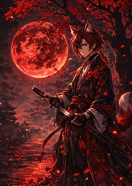Anime Fox Warrior Under Red Moon