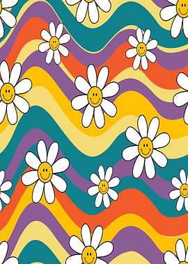 Retro Daisy Smiley Waves Pattern