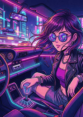Retro Anime Girl Driving a Car