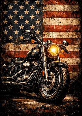 Motorcycle American Flag Poster, Grunge Cruiser Bike Wall Art, Patriotic Biker Print