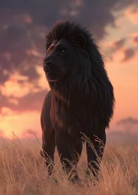 Black Lion in Sunset Grassland