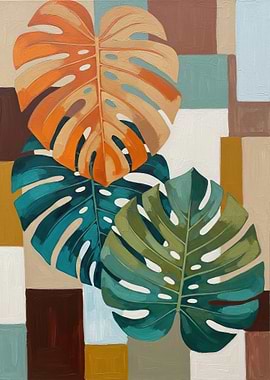 Monstera Leaves on Geometric Background