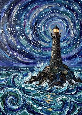 Lighthouse in a Starry Swirl