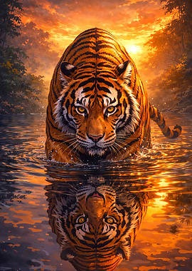 Tiger Walking in Water at Sunset