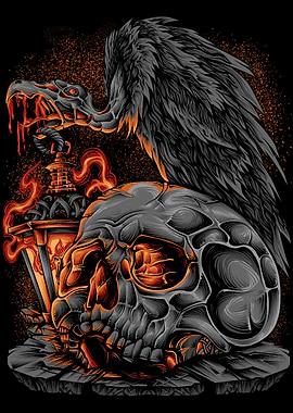 Dark Raven Skull - Flaming Gothic Horror Art