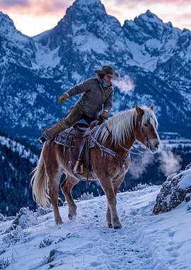 Cowboy on Horse in Snowy Mountains