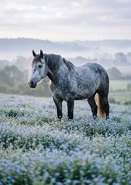 Dappled gray horse in a field of flowers