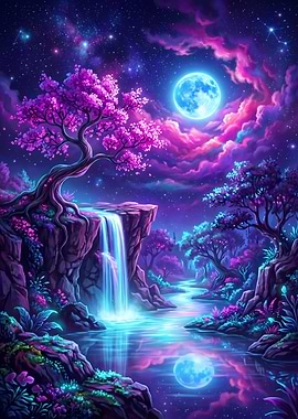 Enchanted Night Waterfall Landscape