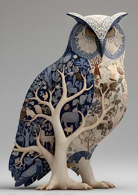 Intricate Owl Sculpture with Forest Scene