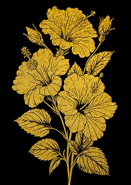 Golden Hibiscus Flowers on Black