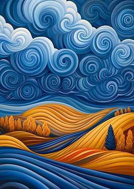 Abstract Swirling Sky Over Rolling Hills