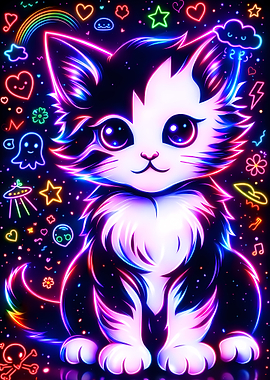 Neon Cat with Cosmic Icons