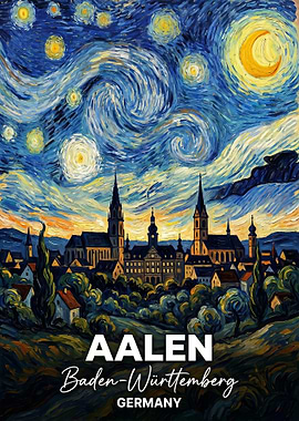 Aalen Germany Cityscape in Starry Night Style