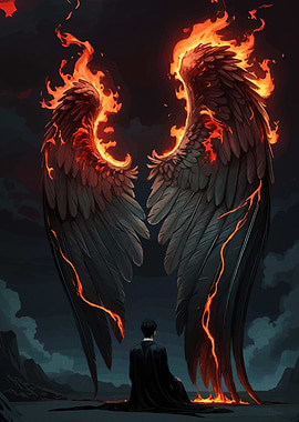 Fiery Angel Wings and Kneeling Figure