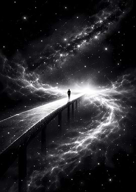 Man walking on a bridge in space