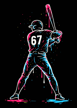 Neon Baseball Player Poster, Dripping Paint Sports Wall Art, Number 67 Baseball Print