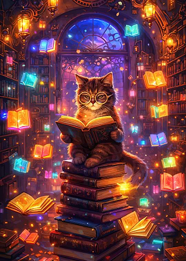 Magical Cat Reading in a Library
