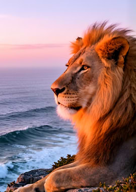 Lion on cliff overlooking ocean at sunset