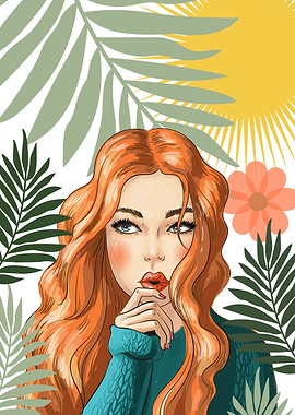 Woman with Red Hair and Tropical Leaves