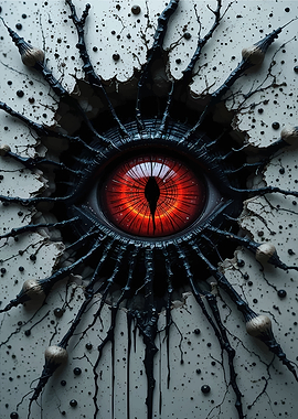 Demonic Red Eye Emerging from Wall