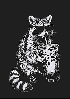 Cool Raccoon Drinking Iced Coffee