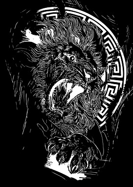 Fierce Lion Roaring with Greek Key Border