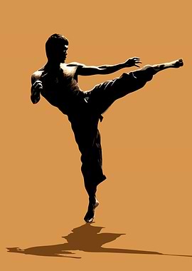 Bruce Lee performing a martial arts kick