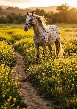 Appaloosa horse in a field of yellow flowers