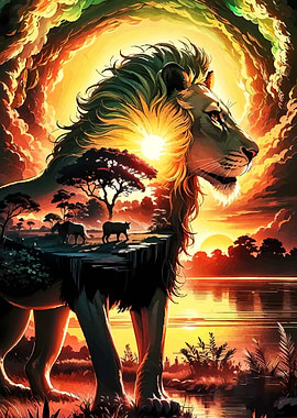 Lion with African Sunset Landscape